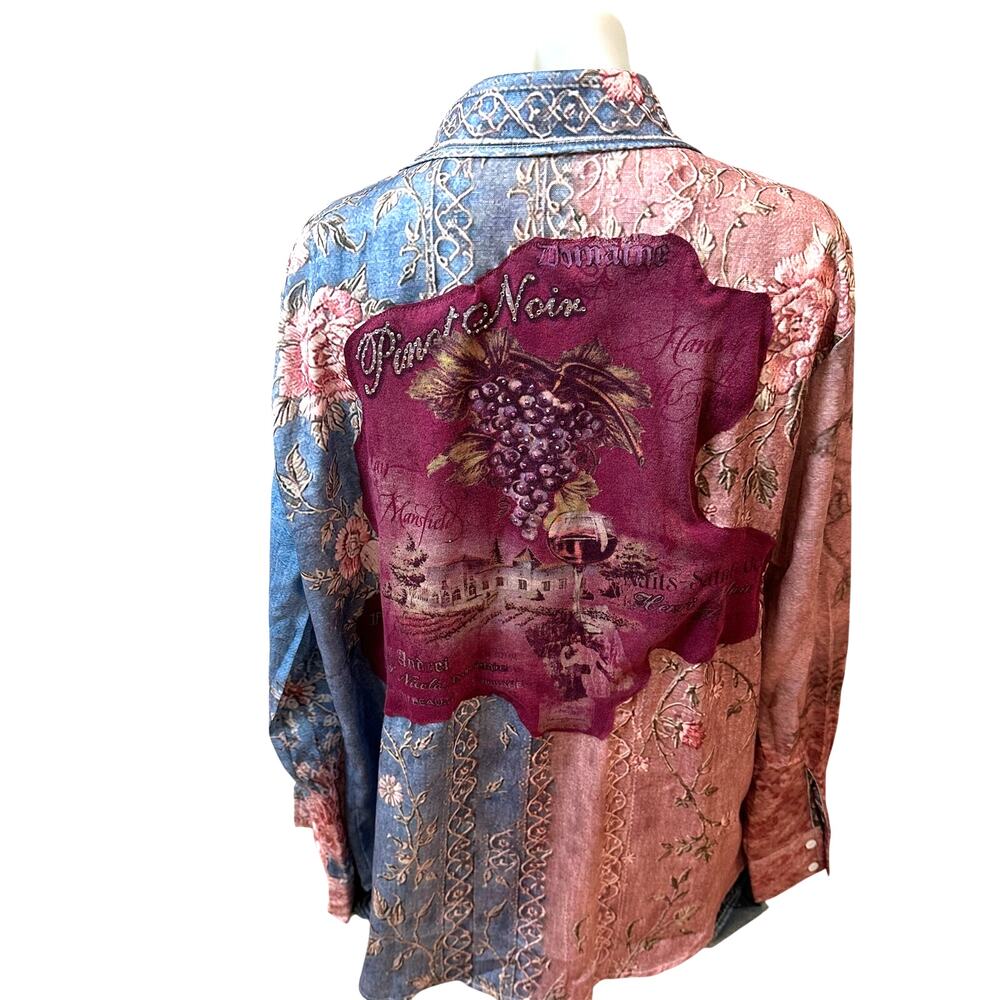 Pinot Noir Wine Lover Floral Button-up Shirt LARGE Oversized Upcycle Unique